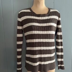 Y2K Laura Scott brown striped cable‎ knit sweater M cotton blend preppy classic